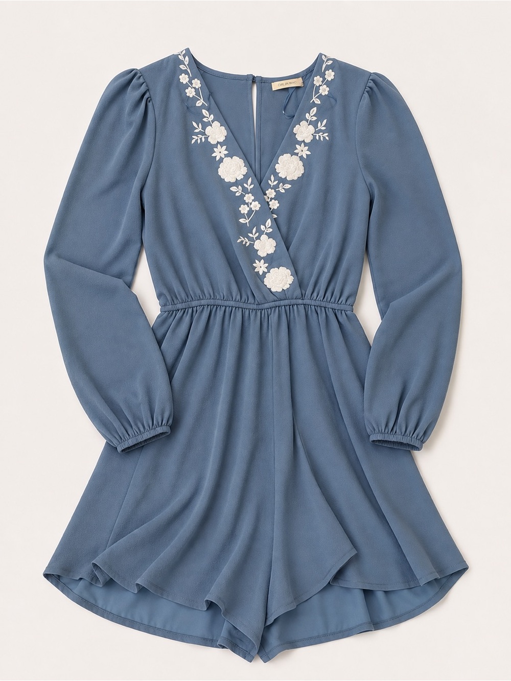 miami Light Blue Floral-Embroidered Long Sleeve Romper